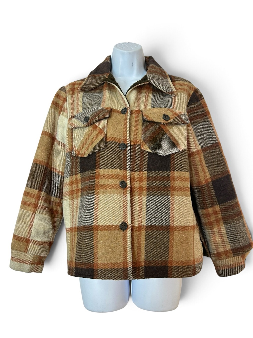 Sears Vintage 60-70s Wool Blend Fleece Lined Jacket Beige & Brown Plaid Size S